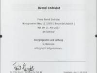 Zertifikat "Energiegewinn und Lüftung" Bernd Endurat
