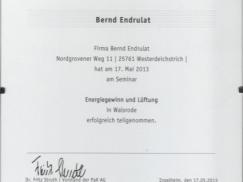 Zertifikat "Energiegewinn und Lüftung" Bernd Endurat