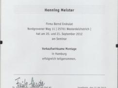 Zertifikat "Verkaufswirksame Montage" Henning Meister