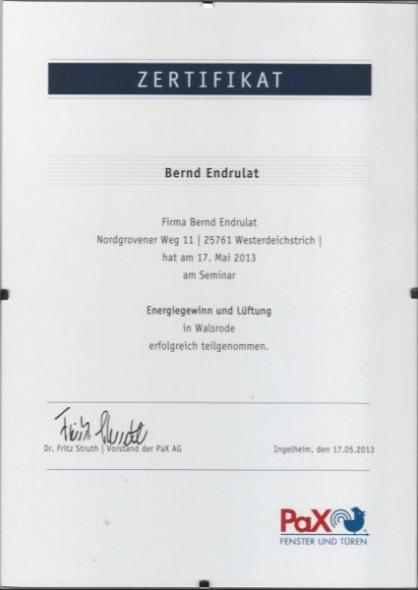 Zertifikat "Energiegewinn und Lüftung" Bernd Endurat