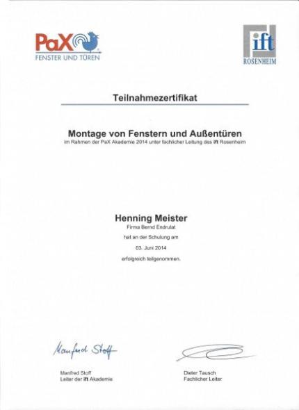 Teilnahmezertifikat Henning Meister