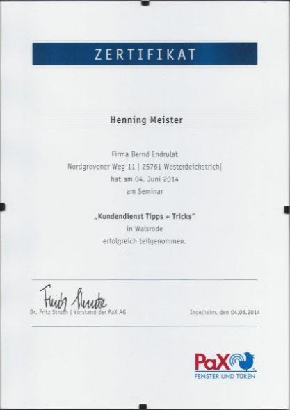 Zertifikat Henning Meister