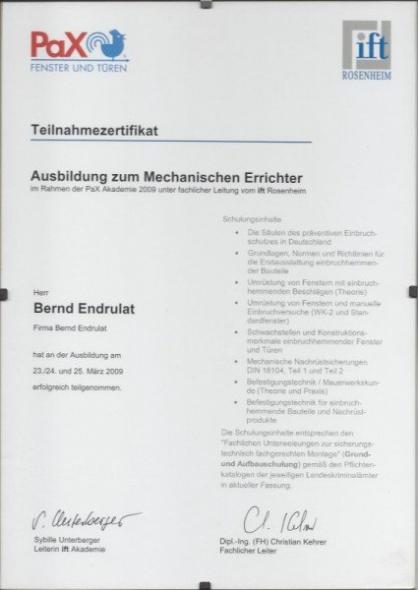 Teilnahmezertifikat "Mechanischer Errichter"