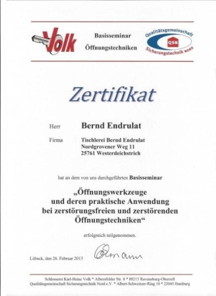 Zertifikat "Öffnungstechniken" Bernd Endurat