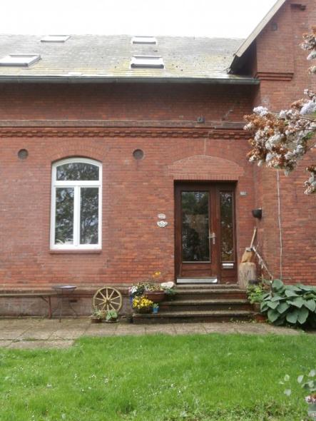 Alte Haustür in braun mit großem Lichtausschnitt und Seitenteil und Briefkasten mit Lichtausschnitt