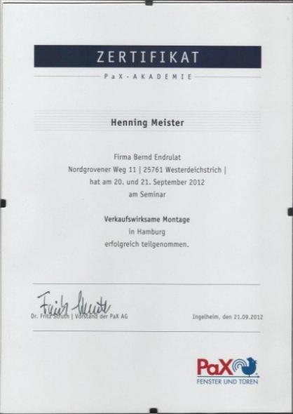 Zertifikat "Verkaufswirksame Montage" Henning Meister