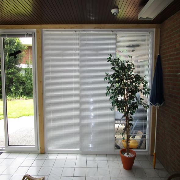 Innenansicht Jalousien geschlossen mit Vogelaufkleber