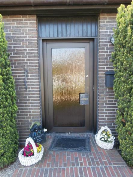 Alte Glas-Haustür mit braunem Rahmen 