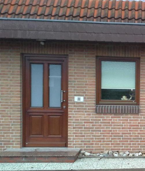 Haustür braun mit zwei Ausschnitten und zwei Milchglas-Lichtausschnitten und Fenster in braun 